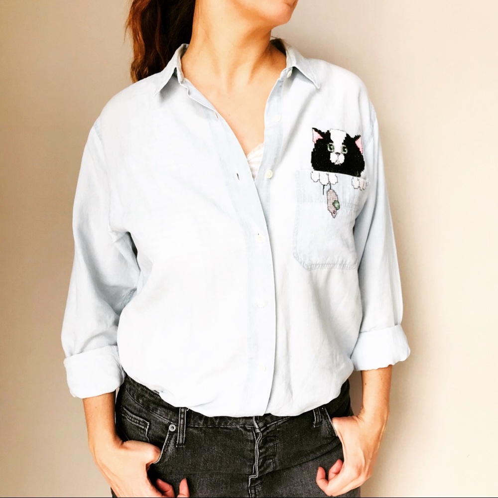 Vintage LL Bean Button Down Top Cross Stitch Cat